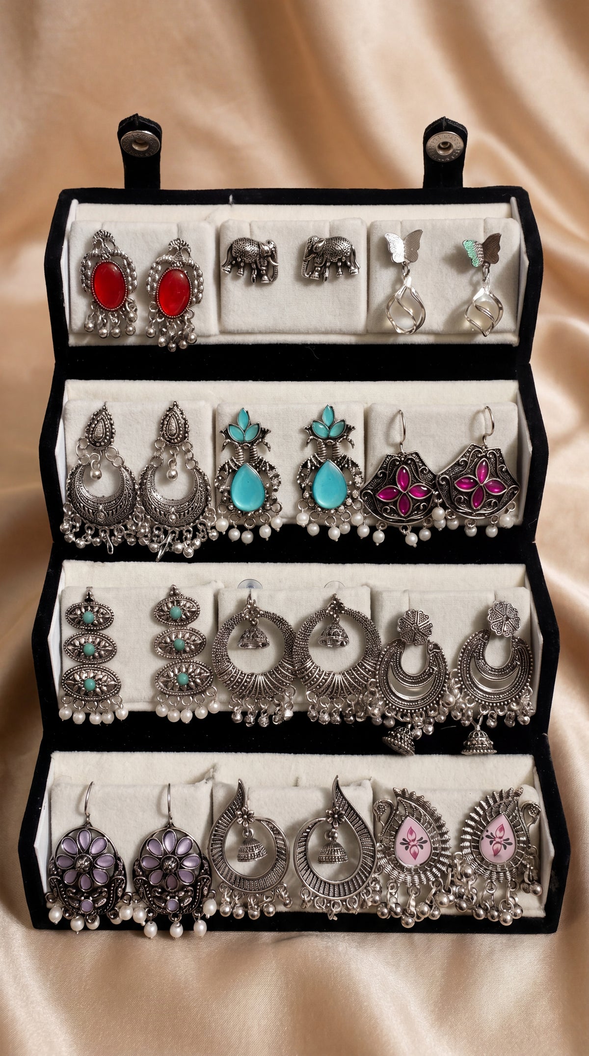 Set of 12 Oxidized Designer Earrings with Folding Jewelry Box | Zelya