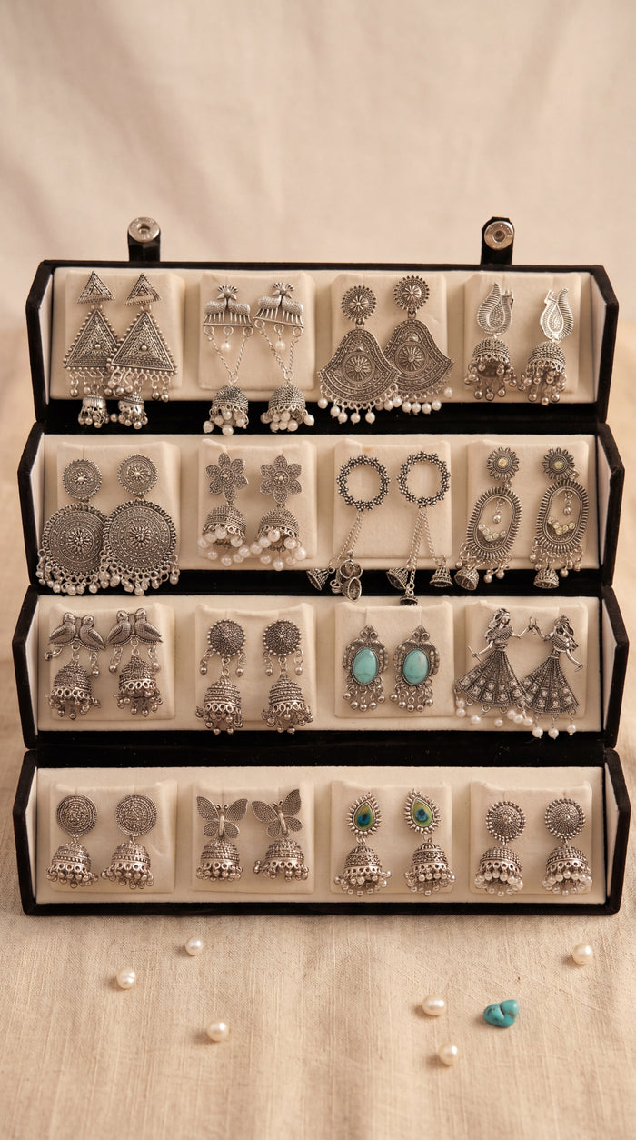 Set of 16 Oxidized Designer Earrings with Premium Folding Jewelry Box | Zelya