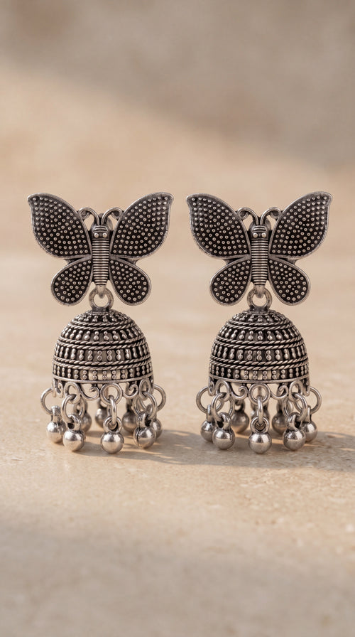 Oxidized Butterfly Jhumka Earrings – Antique German Silver Statement