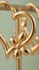 Gold Heart Flower Hoop Earrings