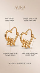 Gold Heart Flower Hoop Earrings