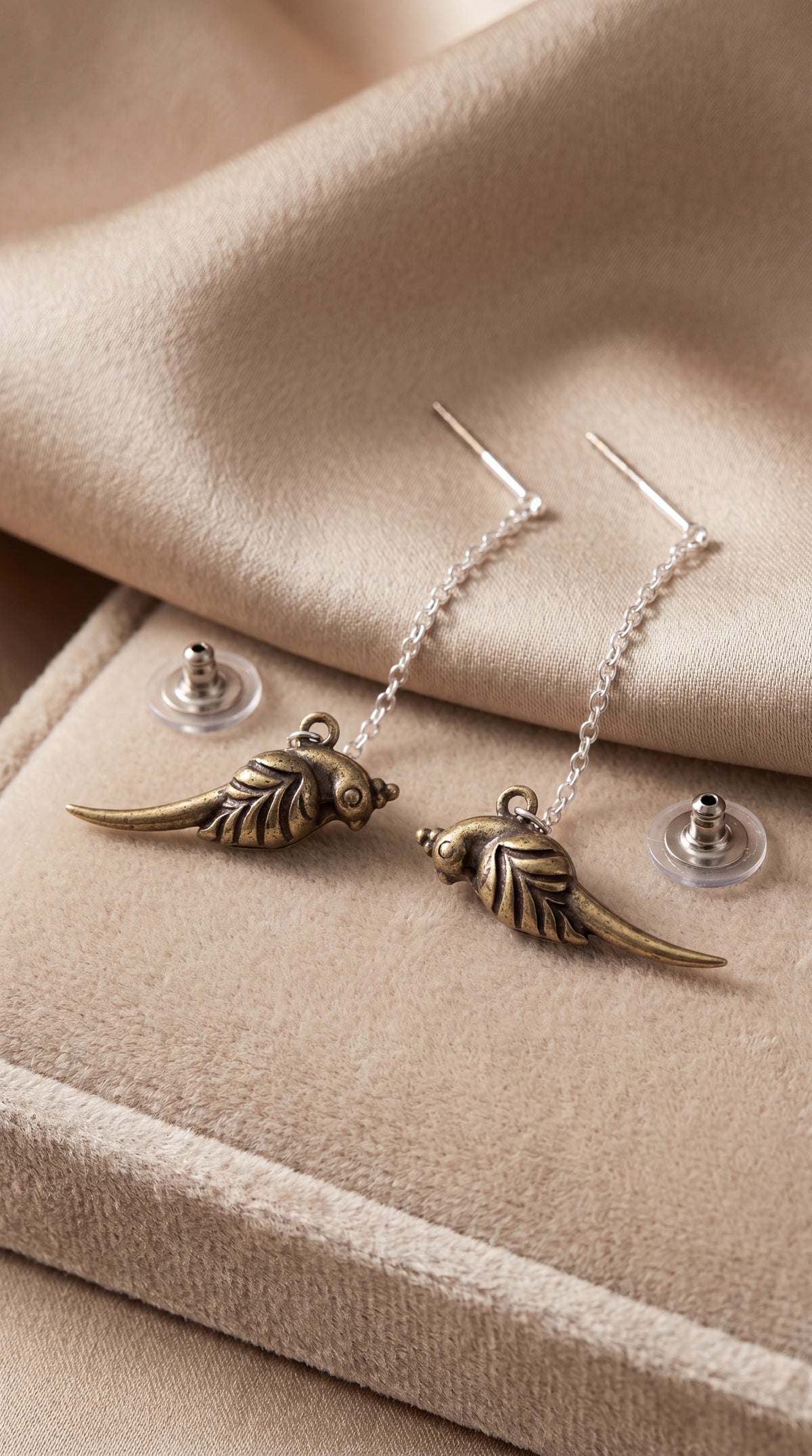 Bird Charm Brass Chain Earrings