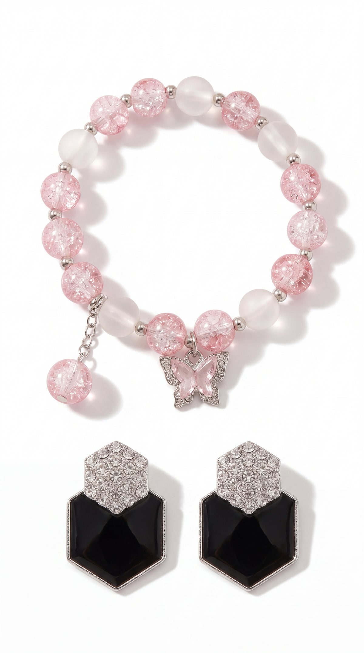 Pink Butterfly Charm Set (Bracelet + Earrings)