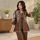 Mocha Brown Taj Cotton 3-Piece Kurta Set with Embroidered Koti