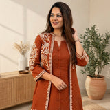 Rust Brown Embroidered Kurta Pant & Koti Set