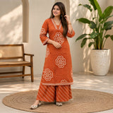 Rust Orange Printed Kurta Sharara & Dupatta Set