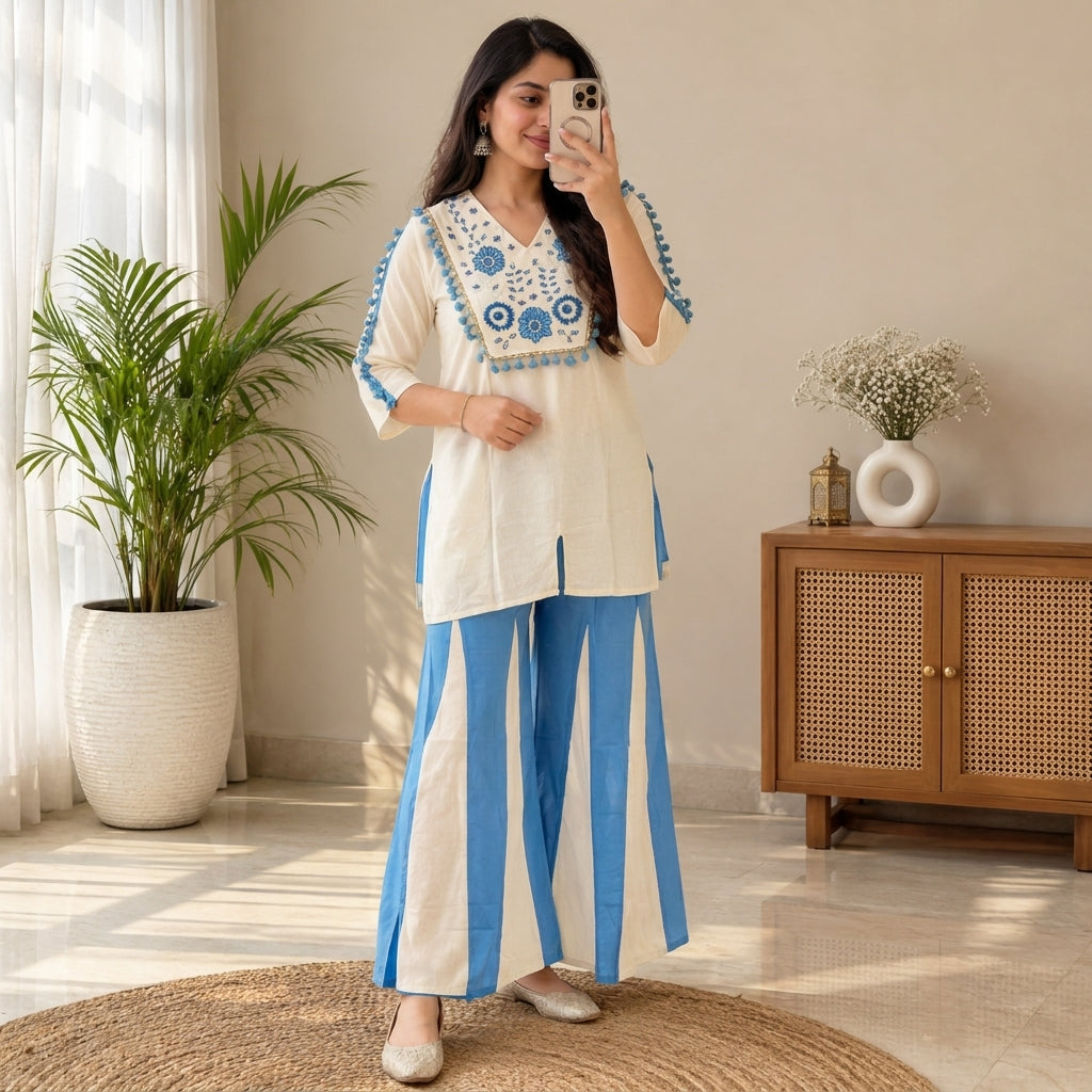 Ivory & Blue Floral Panel Co-ord Set