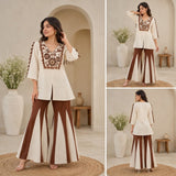 Ivory & Mocha Floral Embroidered Kurta Palazzo Set