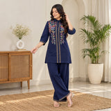 Navy Blue Floral Embroidered Kurta Pant Set