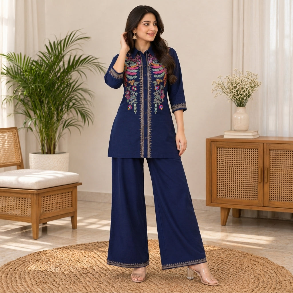 Navy Blue Floral Embroidered Kurta Pant Set