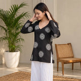 Black Mandala Print Short Kurti with V-Neck