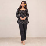 Black Floral Printed Short Kurti for Women with Square Neck & Lace-Up Back