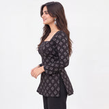 Black Floral Printed Short Kurti for Women with Square Neck & Lace-Up Back