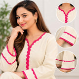 Ivory White Kurta Palazzo Set with Pink Lace Detailing for Women