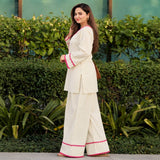 Ivory White Kurta Palazzo Set with Pink Lace Detailing for Women