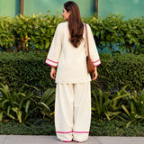 Ivory White Kurta Palazzo Set with Pink Lace Detailing for Women