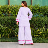 Lavender Purple Kurta Palazzo Set with Pink Lace Detailing for Women