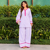 Lavender Purple Kurta Palazzo Set with Pink Lace Detailing for Women