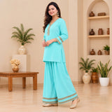 Aqua Blue Embroidered Kurta Palazzo Set for Women