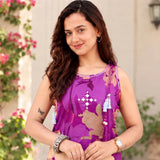 Purple Floral Printed Sleeveless Kurta Pant Set for Women