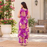 Purple Floral Printed Sleeveless Kurta Pant Set for Women