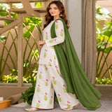 White Pink Floral Printed Kurta Palazzo Set with Green Dupatta
