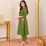 Olive Green Embroidered Kurta Pant Set with Statement Pocket Detailing