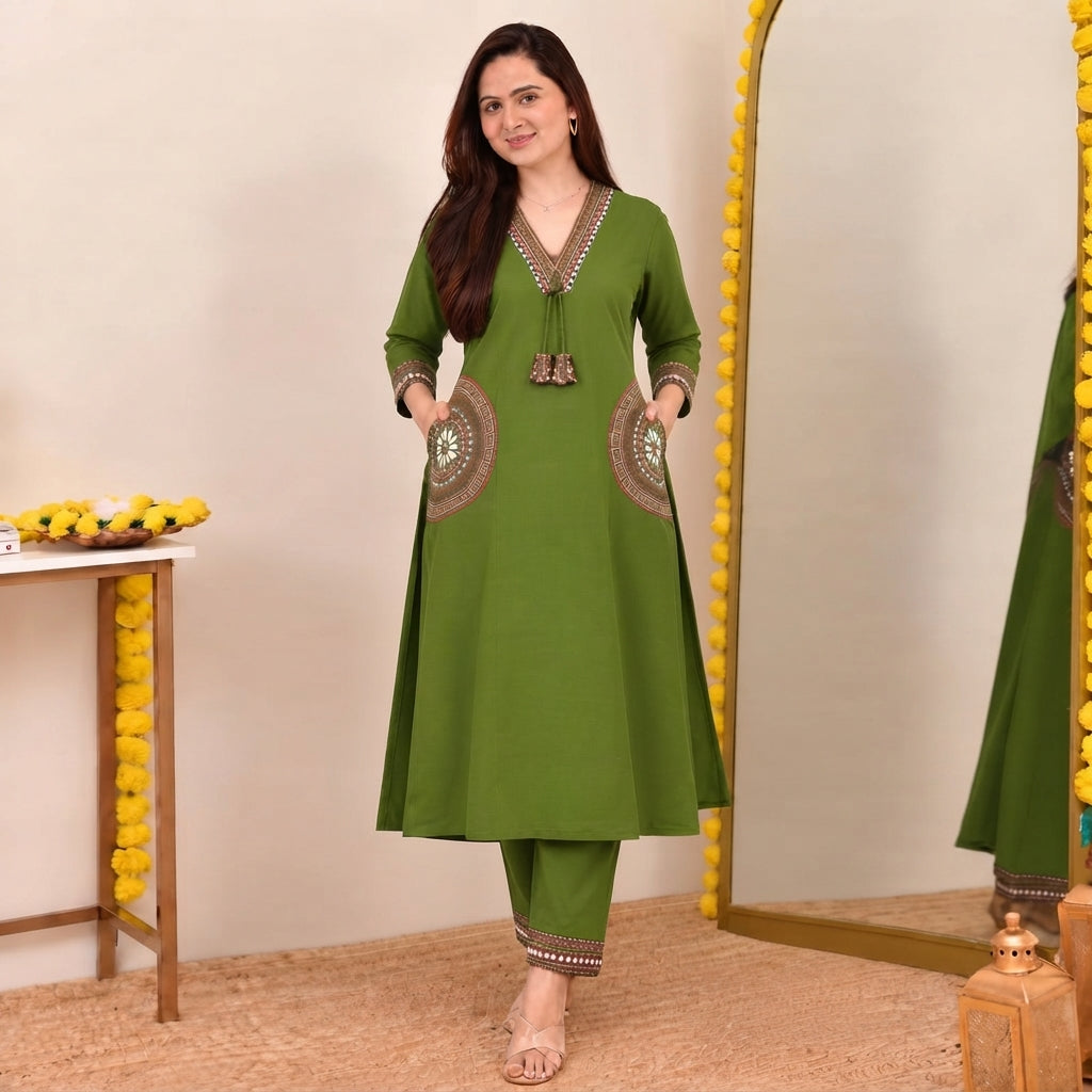 Olive Green Embroidered Kurta Pant Set with Statement Pocket Detailing