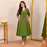 Olive Green Embroidered Kurta Pant Set with Statement Pocket Detailing