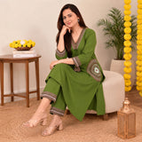 Olive Green Embroidered Kurta Pant Set with Statement Pocket Detailing
