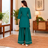 Teal Green Kurta Palazzo Set with White Lace Detailing for Women