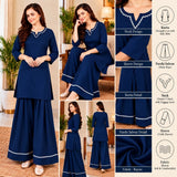 Navy Blue Kurta Palazzo Set with White Lace Detailing for Women