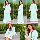Mint Green Kurta Palazzo Set with Pink Lace Detailing for Women