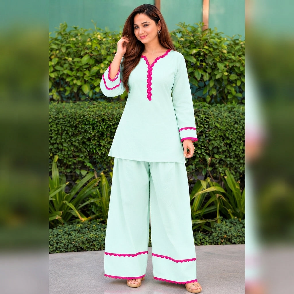 Mint Green Kurta Palazzo Set with Pink Lace Detailing for Women