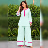 Mint Green Kurta Palazzo Set with Pink Lace Detailing for Women