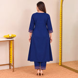 Navy Blue Embroidered Kurta Pant Set with Statement Pocket Detailing