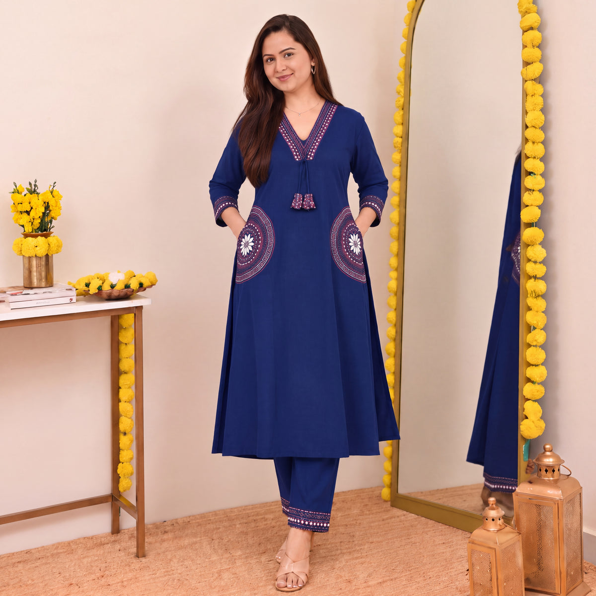Navy Blue Embroidered Kurta Pant Set with Statement Pocket Detailing