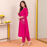 Rani Pink Embroidered Kurta Pant Set with Contrast Detailing