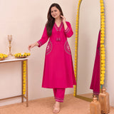 Rani Pink Embroidered Kurta Pant Set with Contrast Detailing