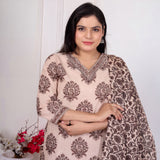 Peach Beige & Brown Floral Printed Kurta Pant Set with Dupatta