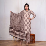Peach Beige & Brown Floral Printed Kurta Pant Set with Dupatta