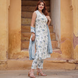 Ivory Blue Floral Printed Sleeveless Kurta Pant Set with Dupatta