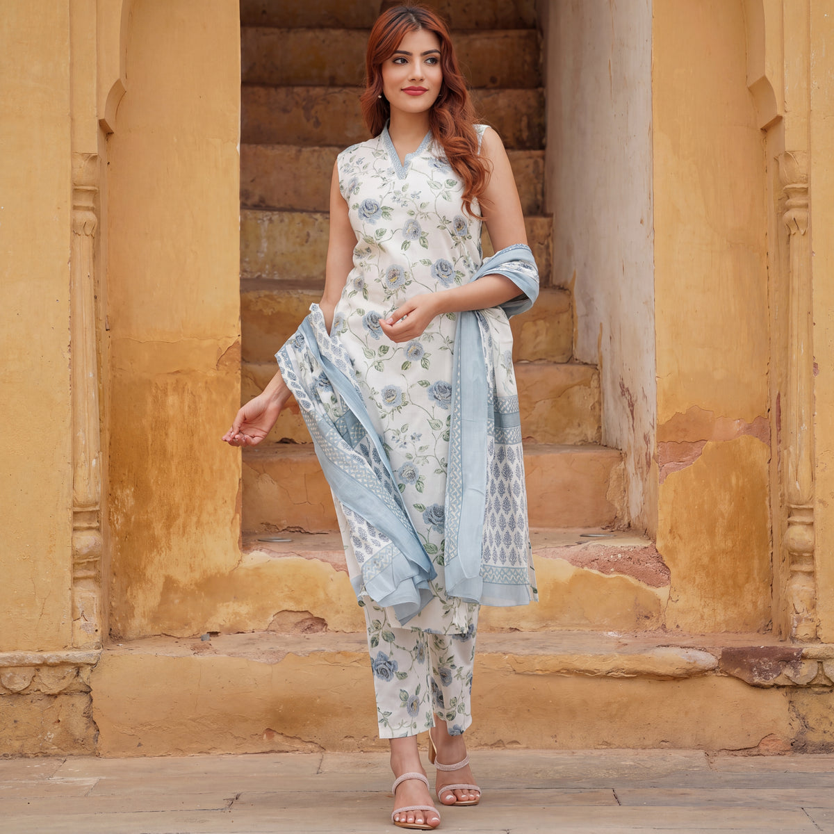 Ivory Blue Floral Printed Sleeveless Kurta Pant Set with Dupatta