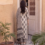 Beige & Black Floral Printed Kurta Pant Set with Dupatta