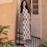 Beige & Black Floral Printed Kurta Pant Set with Dupatta