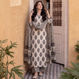 Beige & Black Floral Printed Kurta Pant Set with Dupatta