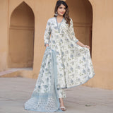 White & Blue Floral Printed Kurta Pant Set with Dupatta