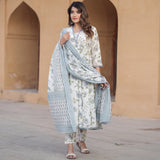 White & Blue Floral Printed Kurta Pant Set with Dupatta