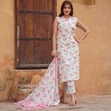 White & Pink Floral Printed Suit Set with Elegant Dupatta