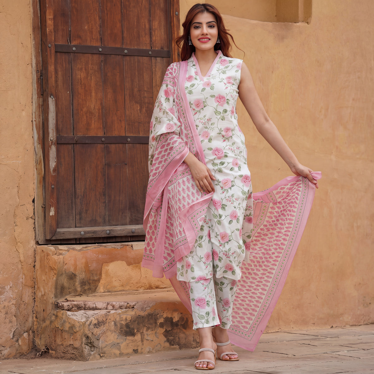 White & Pink Floral Printed Suit Set with Elegant Dupatta